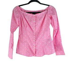 Ralph Lauren Women’s Black Label Pink Polka Dot Off Shoulder Top Cotton Size 4